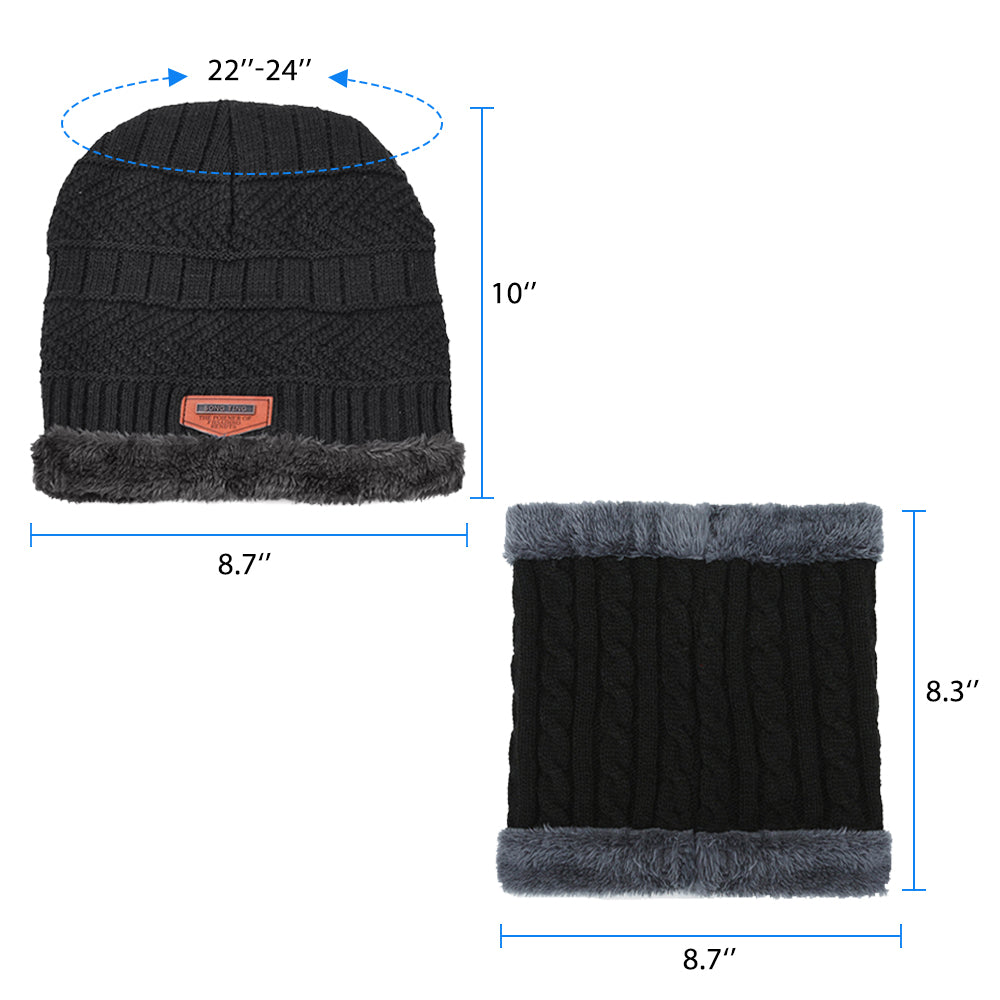 A cozy three-piece winter set including a knitted wool hat, scarf, and touchscreen gloves in vibrant colors.