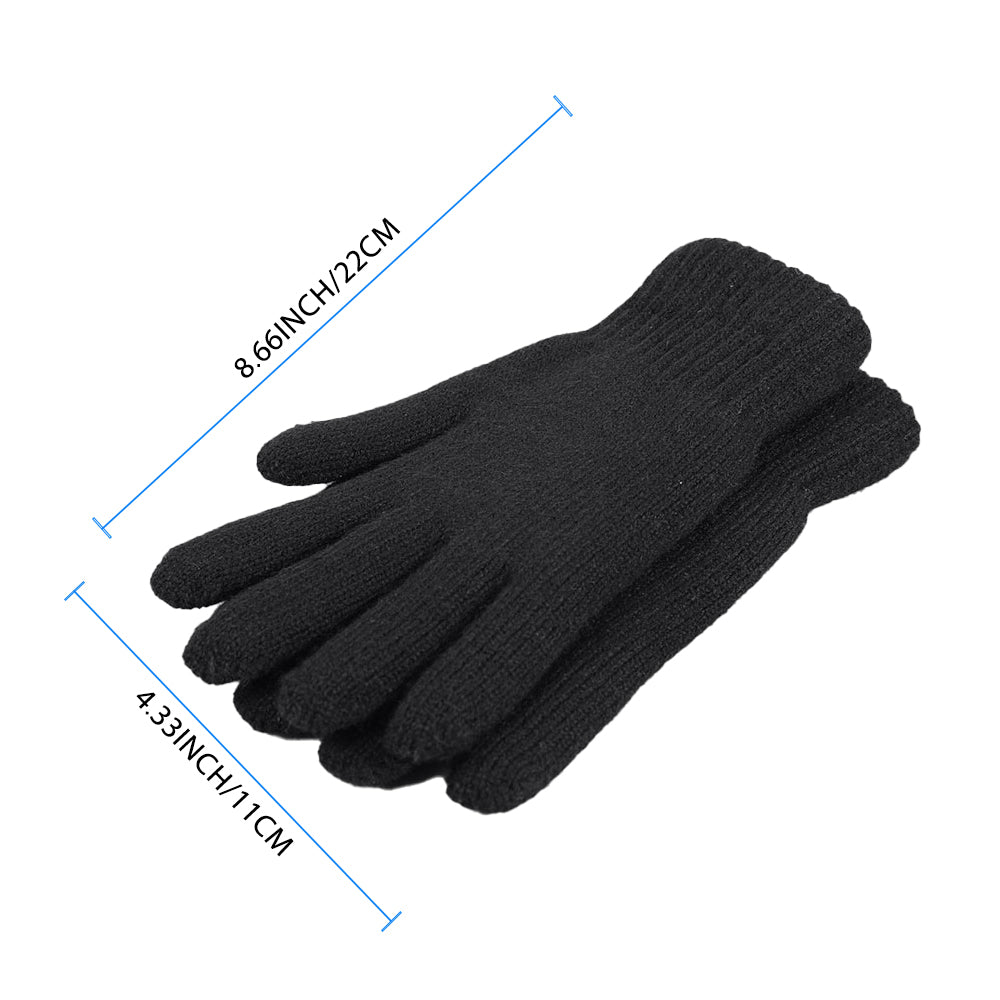 A cozy three-piece winter set including a knitted wool hat, scarf, and touchscreen gloves in vibrant colors.