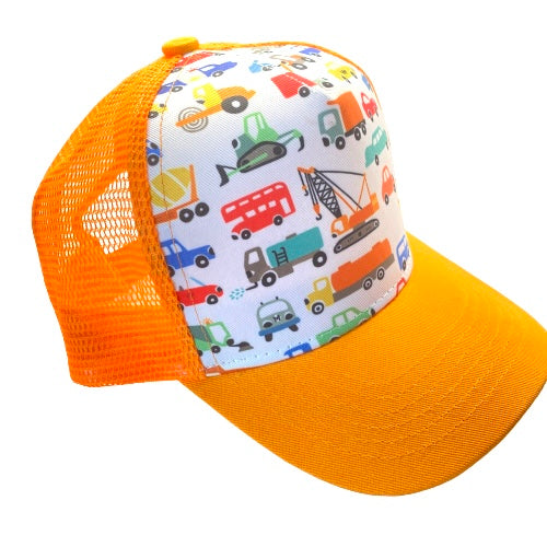 Bright orange trucker hat featuring a cute truck print, designed for toddlers and adults, perfect for outdoor activities.