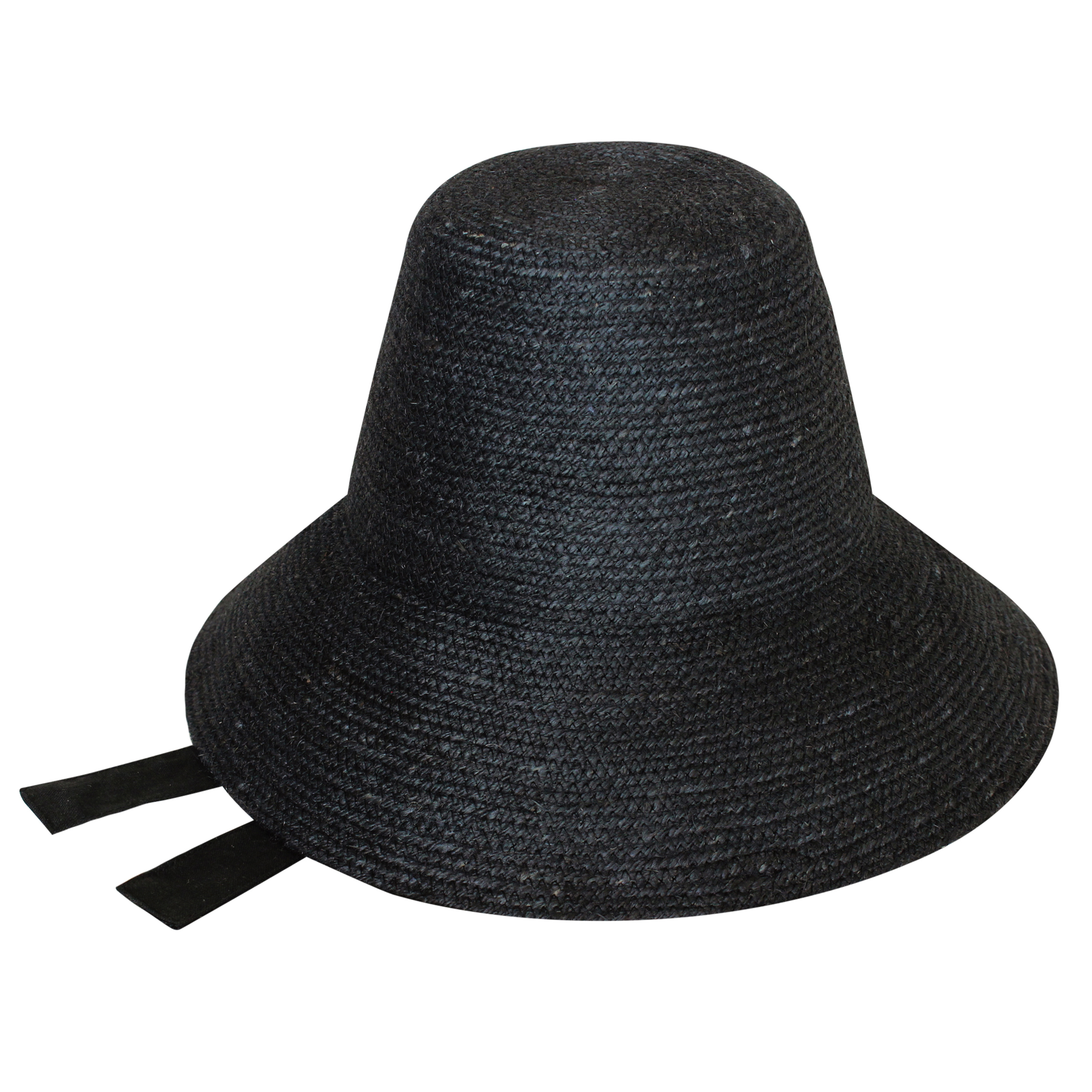 MEG Jute Straw Hat in Black with a tall crown and medium-width brim, crafted from natural jute and lined with linen fabric.