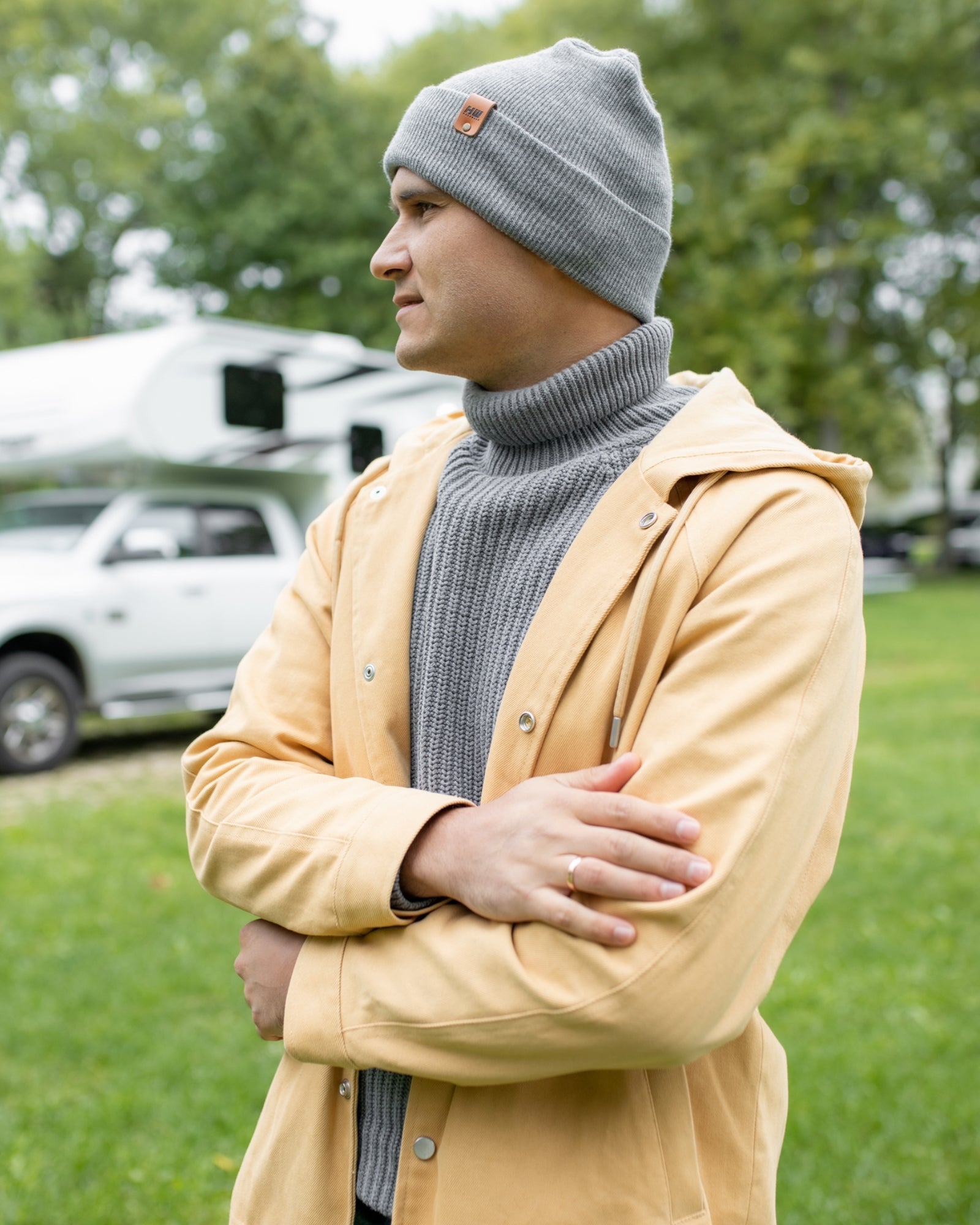 NEW HAAKWEAR Theta-Stitch Cuffed Beanie in Koala Gray, showcasing its unique design and comfortable fit.