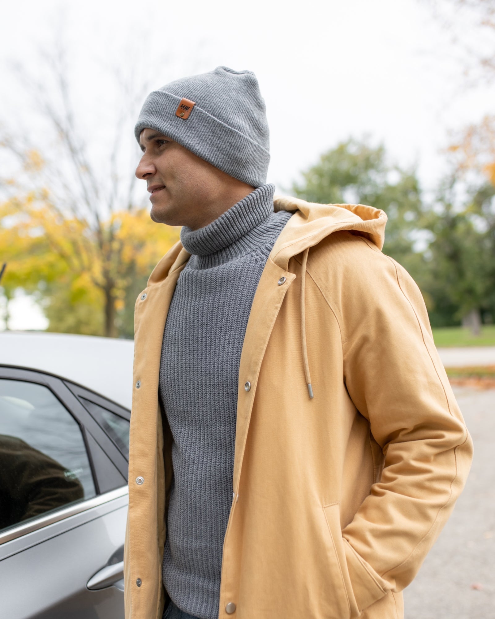 NEW HAAKWEAR Theta-Stitch Cuffed Beanie in Koala Gray, showcasing its unique design and comfortable fit.