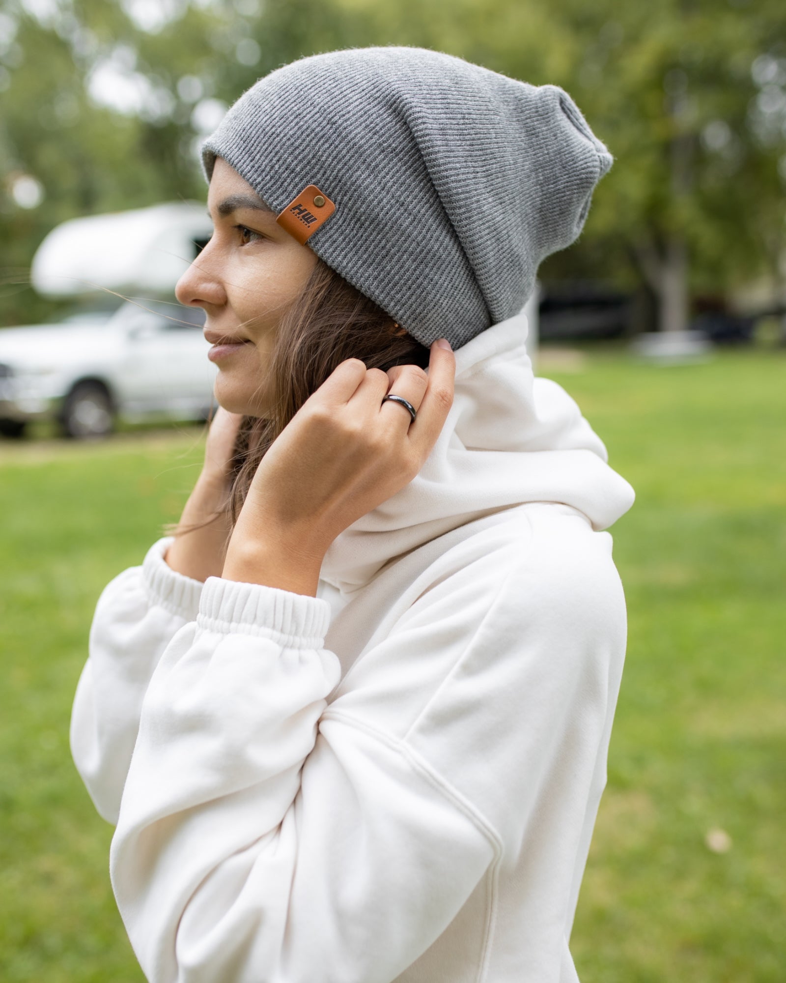 NEW HAAKWEAR Theta-Stitch Cuffed Beanie in Koala Gray, showcasing its unique design and comfortable fit.