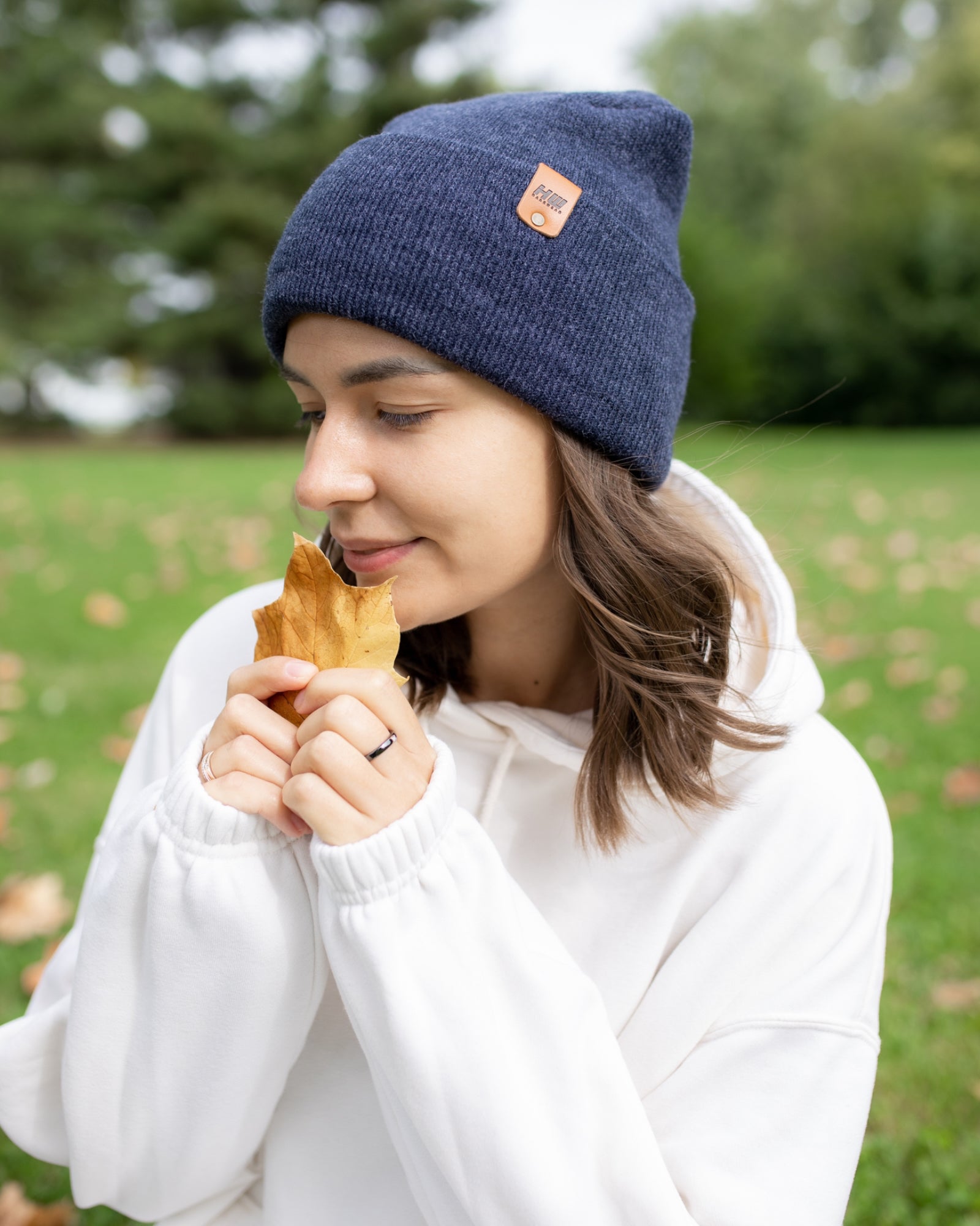 NEW HAAKWEAR Theta-Stitch Cuffed Beanie in Denim Blue, showcasing its unique design and comfortable fit.