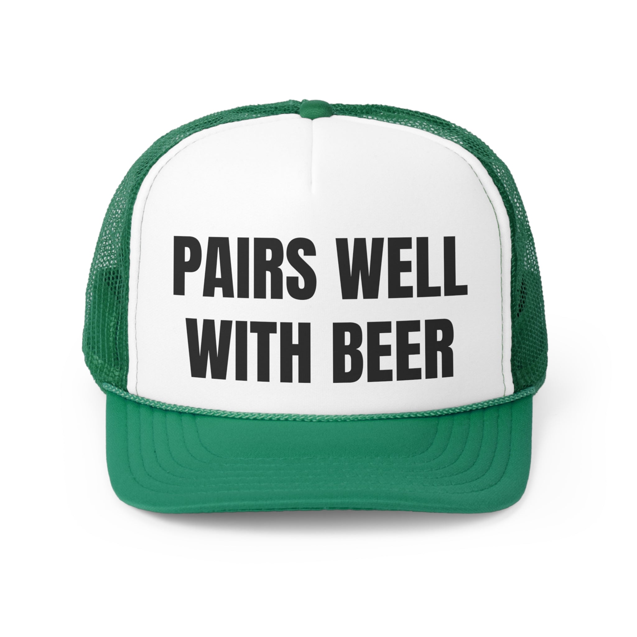 A humorous trucker hat with the phrase 'Pairs Well With Beer', featuring a durable polyester front and breathable nylon mesh back.
