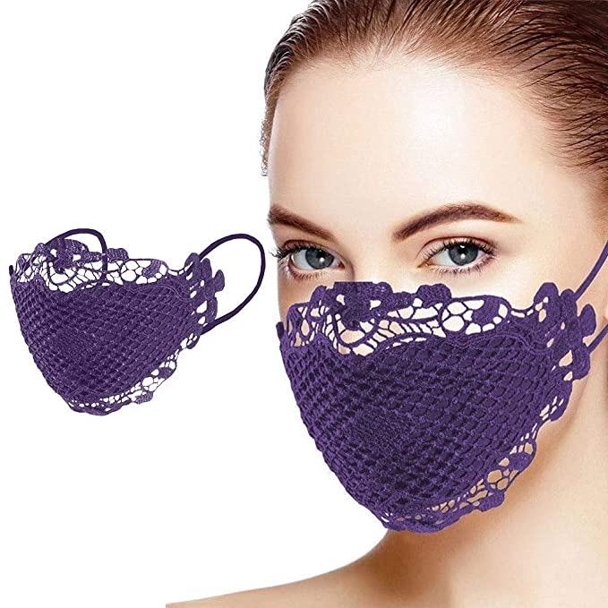 Elegant purple lace face mask from the Couture Collection, featuring adjustable ear-loops and a stylish design for special occasions.