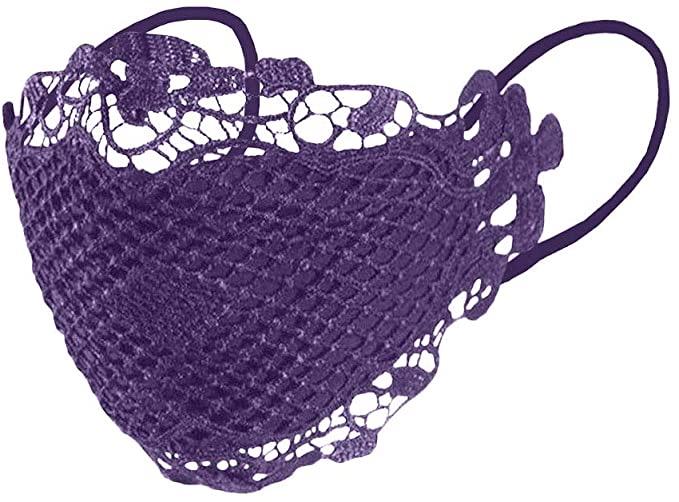 Elegant purple lace face mask from the Couture Collection, featuring adjustable ear-loops and a stylish design for special occasions.
