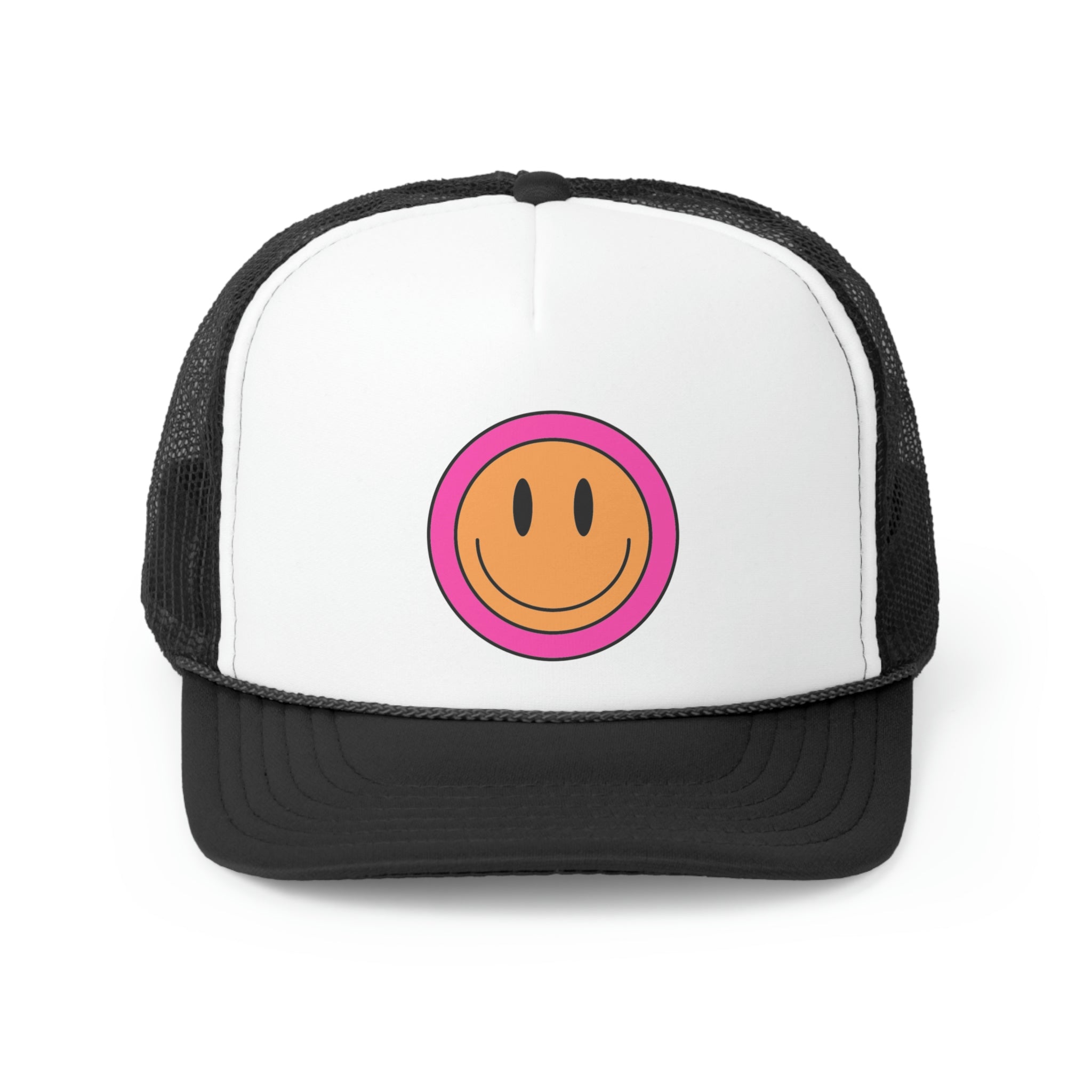 A stylish Retro Smile Trucker Hat featuring a humorous design, made with durable polyester and nylon mesh for comfort and breathability.