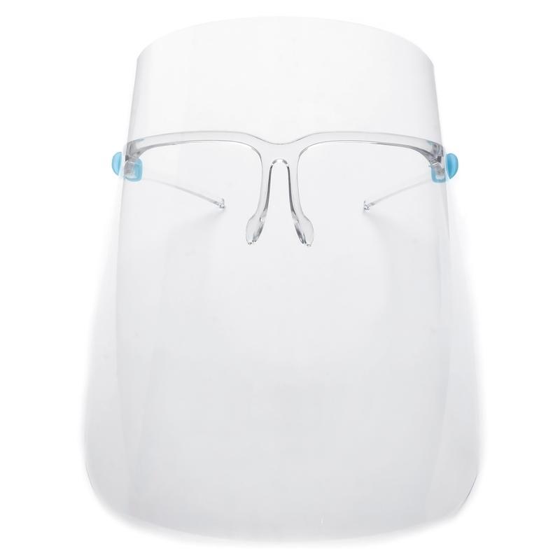 A reusable plastic face shield with integrated glasses, providing full facial protection and anti-fogging features for safety.