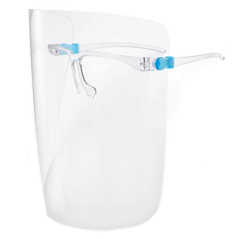A reusable plastic face shield with integrated glasses, providing full facial protection and anti-fogging features for safety.