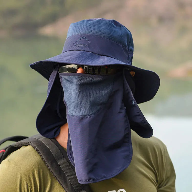 Summer quick-drying bucket hat with wide brim and face mask, perfect for outdoor activities like fishing and hiking.
