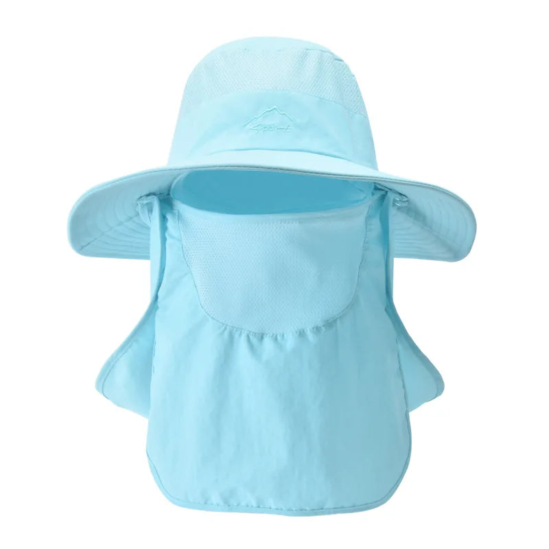 Summer quick-drying bucket hat with wide brim and face mask, perfect for outdoor activities like fishing and hiking.