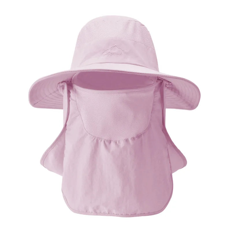 Summer quick-drying bucket hat with wide brim and face mask, perfect for outdoor activities like fishing and hiking.