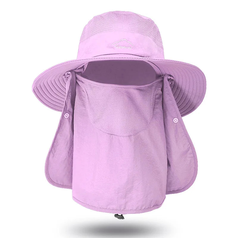 Summer quick-drying bucket hat with wide brim and face mask, perfect for outdoor activities like fishing and hiking.