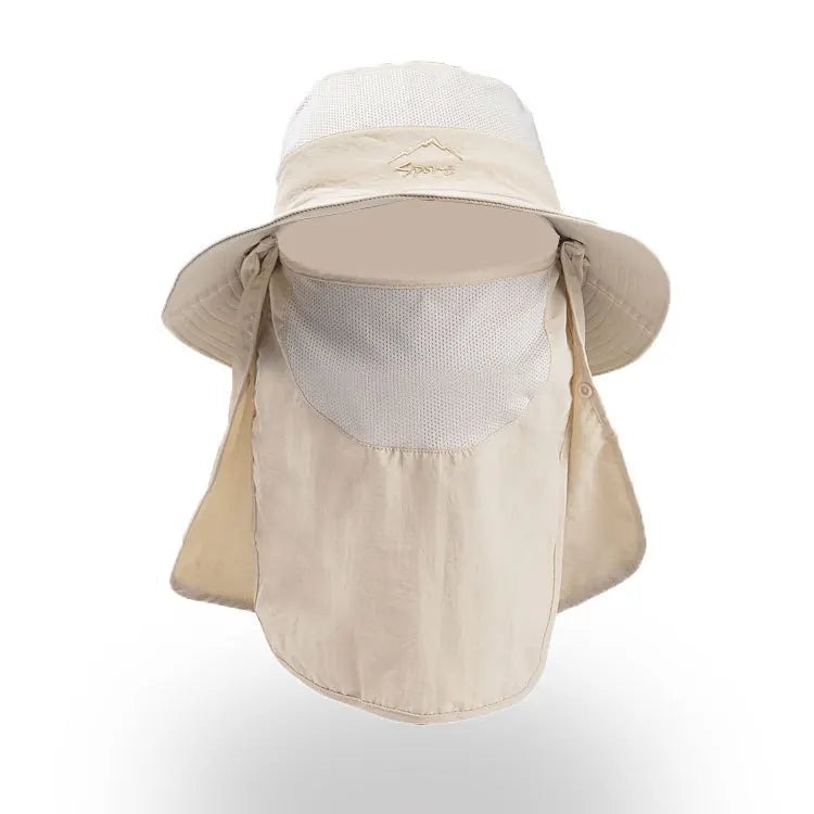 Summer quick-drying bucket hat with wide brim and face mask, perfect for outdoor activities like fishing and hiking.