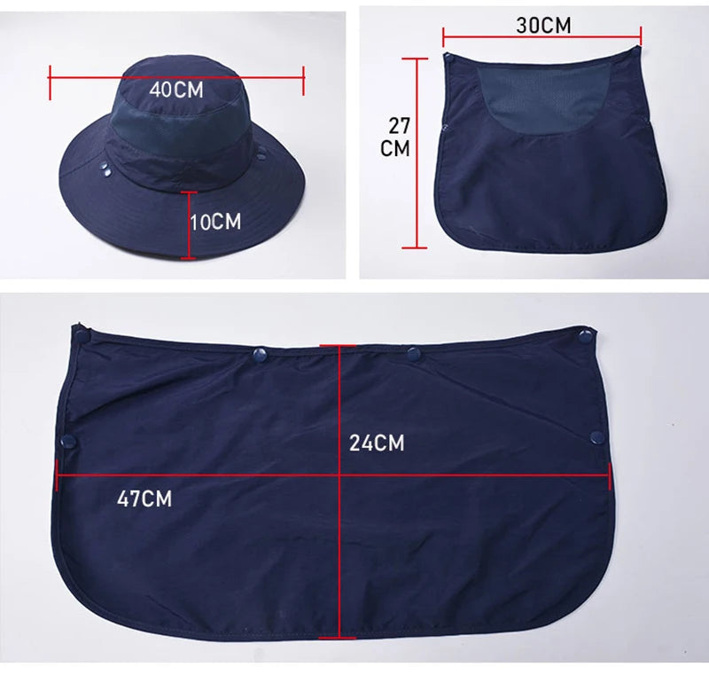 Summer quick-drying bucket hat with wide brim and face mask, perfect for outdoor activities like fishing and hiking.