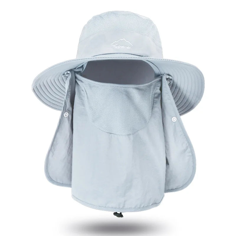 Summer quick-drying bucket hat with wide brim and face mask, perfect for outdoor activities like fishing and hiking.