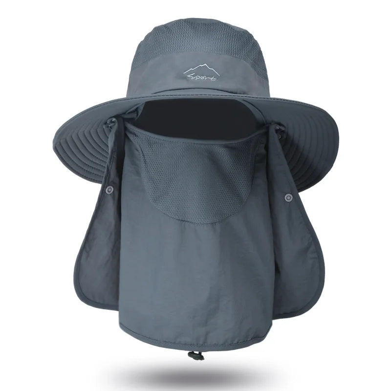 Summer quick-drying bucket hat with wide brim and face mask, perfect for outdoor activities like fishing and hiking.
