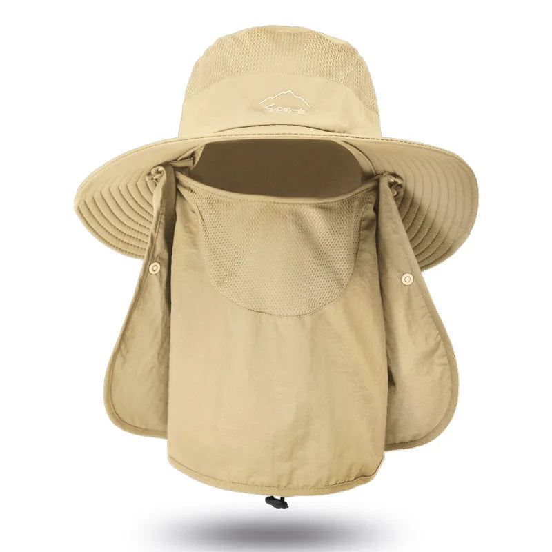 Summer quick-drying bucket hat with wide brim and face mask, perfect for outdoor activities like fishing and hiking.