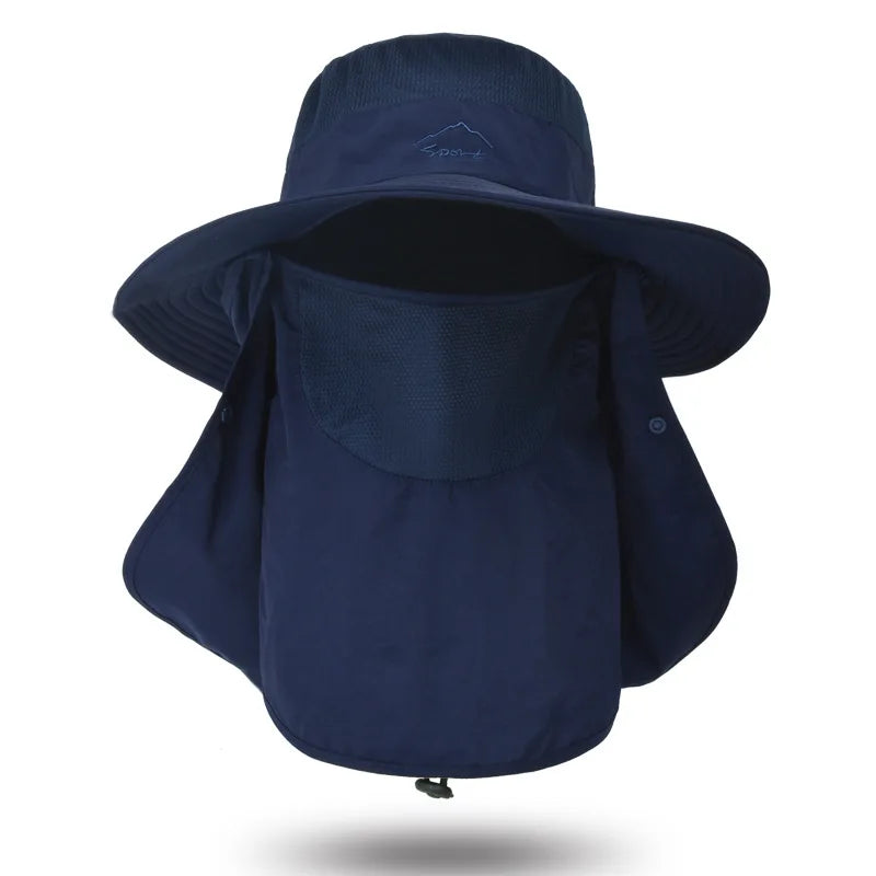 Summer quick-drying bucket hat with wide brim and face mask, perfect for outdoor activities like fishing and hiking.