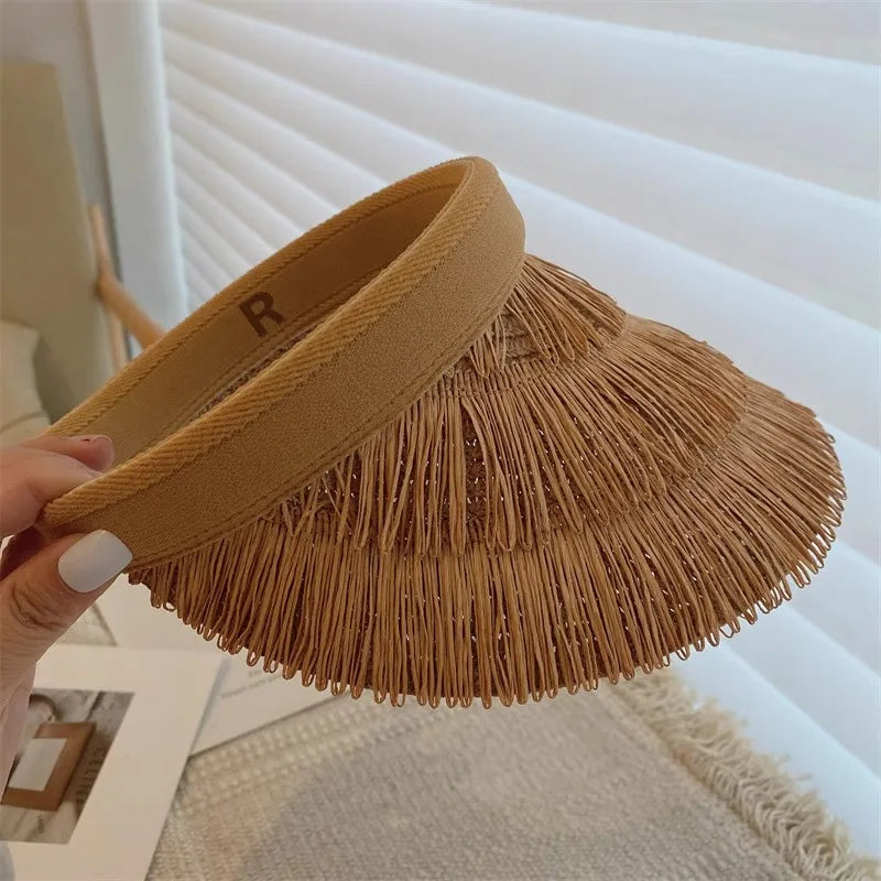 A stylish Summer Straw Sun Visor Hat from Sexikinis, made of high-quality straw and linen, perfect for sun protection and casual wear.