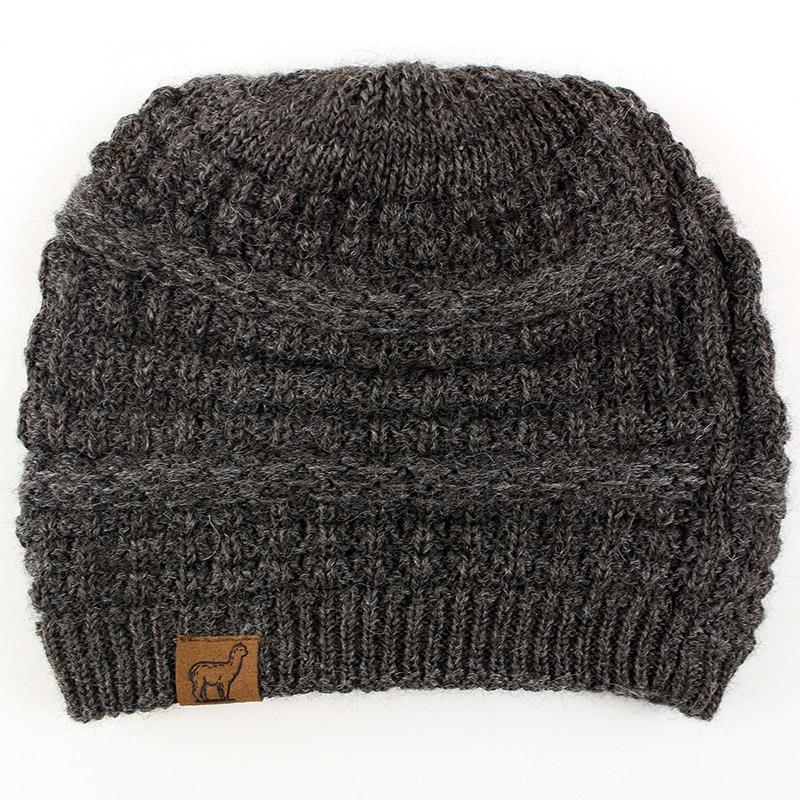 Textured Alpaca Slouch Beanie showcasing rib and cable knitting design, made from soft U.S. Grown Alpaca with microfleece lining for warmth.