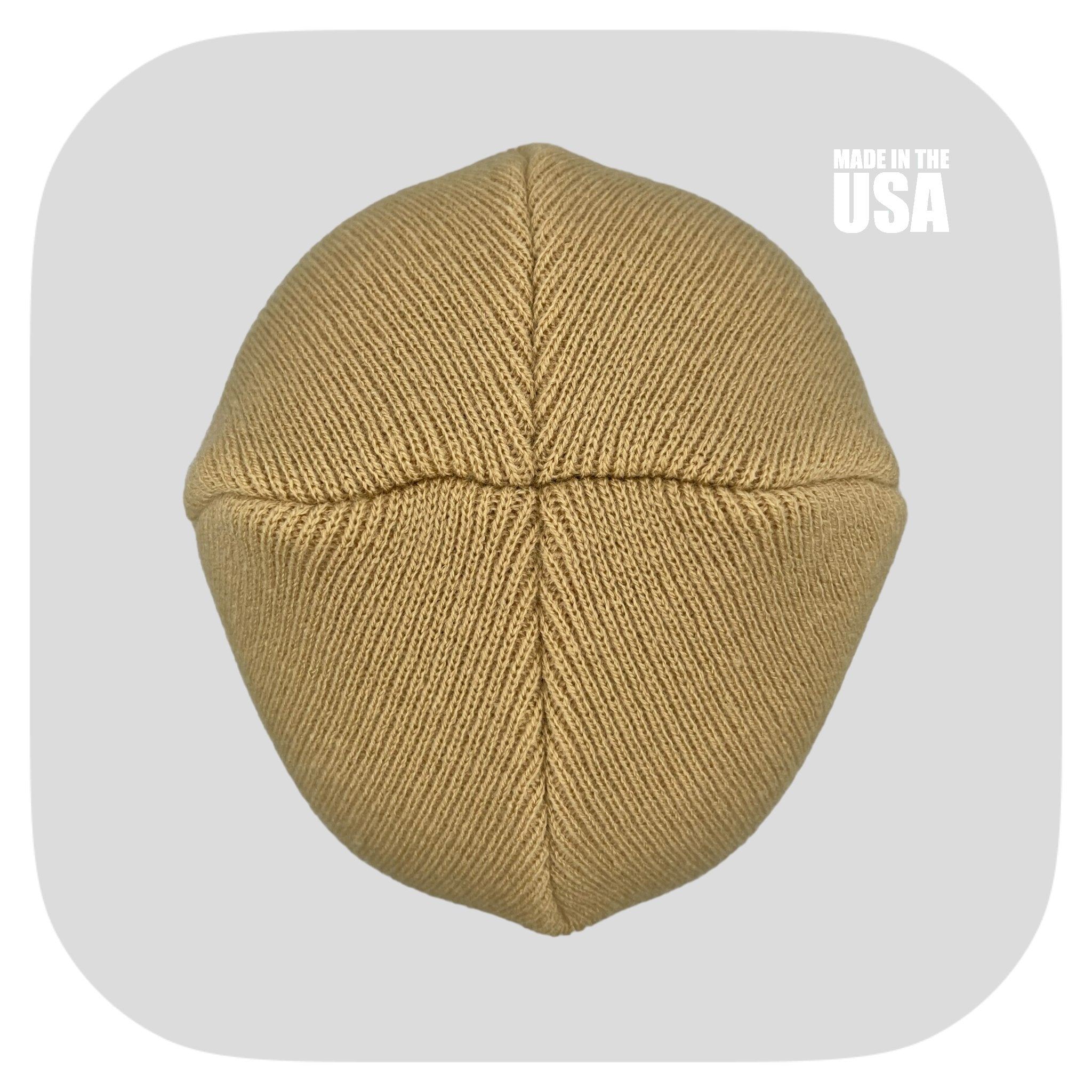 Cuffed beige winter beanie hat from The Beanie Factory, showcasing its soft texture and unisex design.