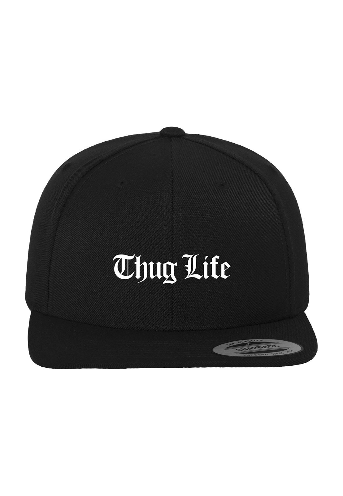 Thug Life Old English Snapback cap featuring classic design and adjustable strap, made from polyester, cotton, and elastane blend.