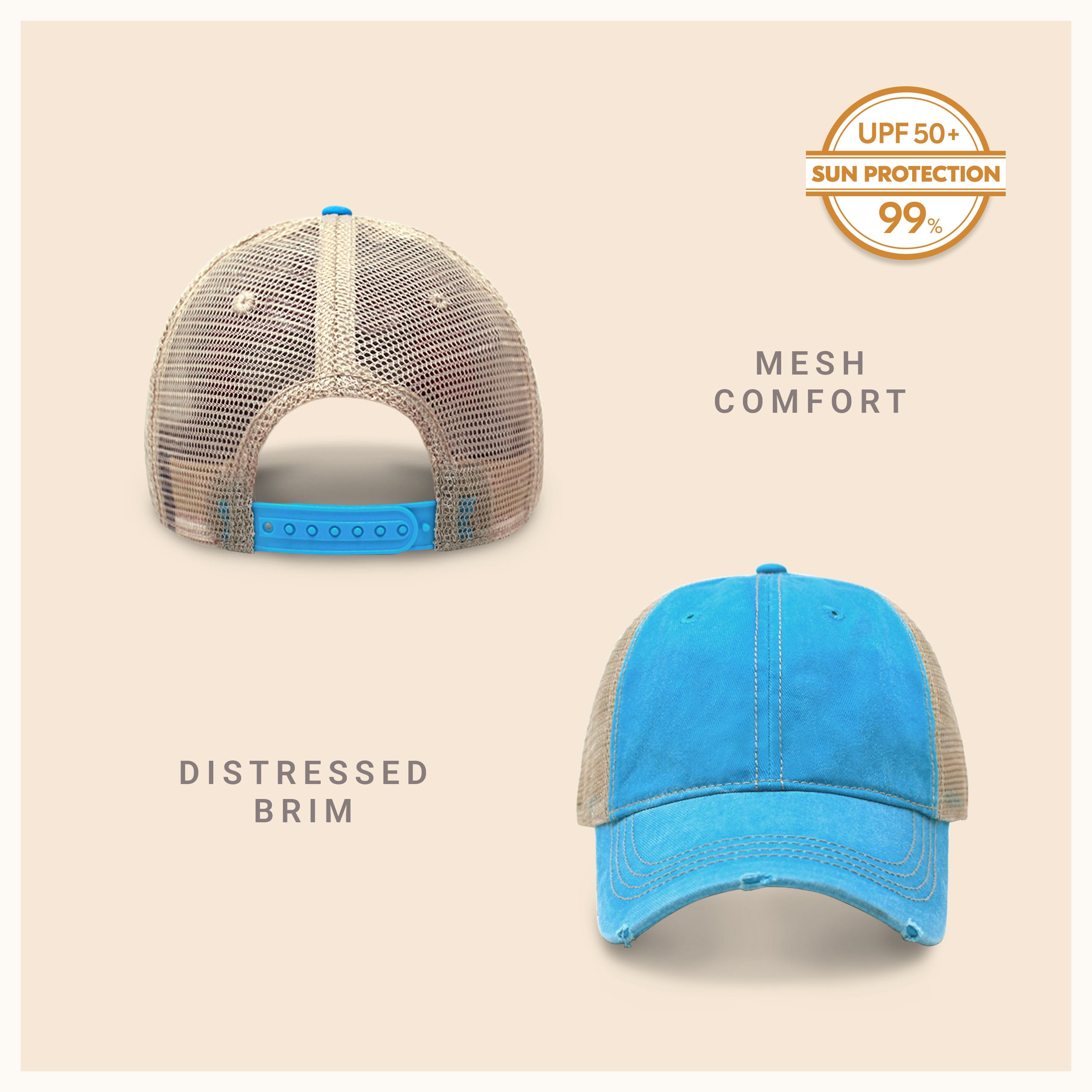 Vintage Mesh Trucker Cap with adjustable fit and distressed bill, perfect for outdoor activities.