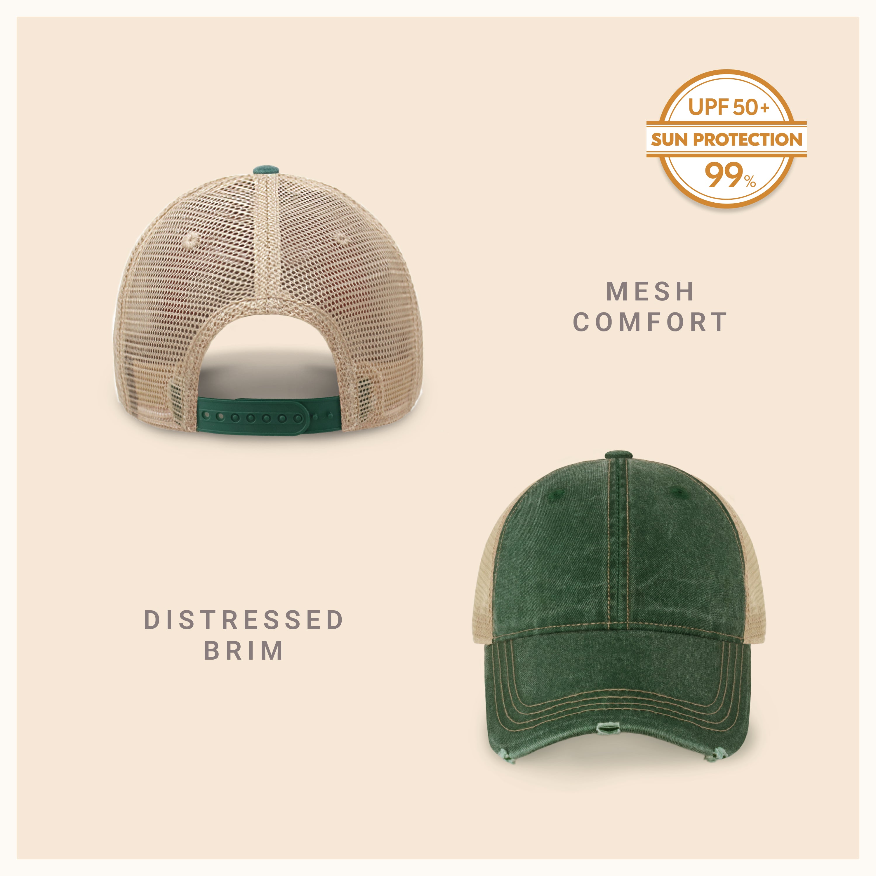 Vintage Mesh Trucker Cap with adjustable fit and distressed bill, perfect for outdoor activities.