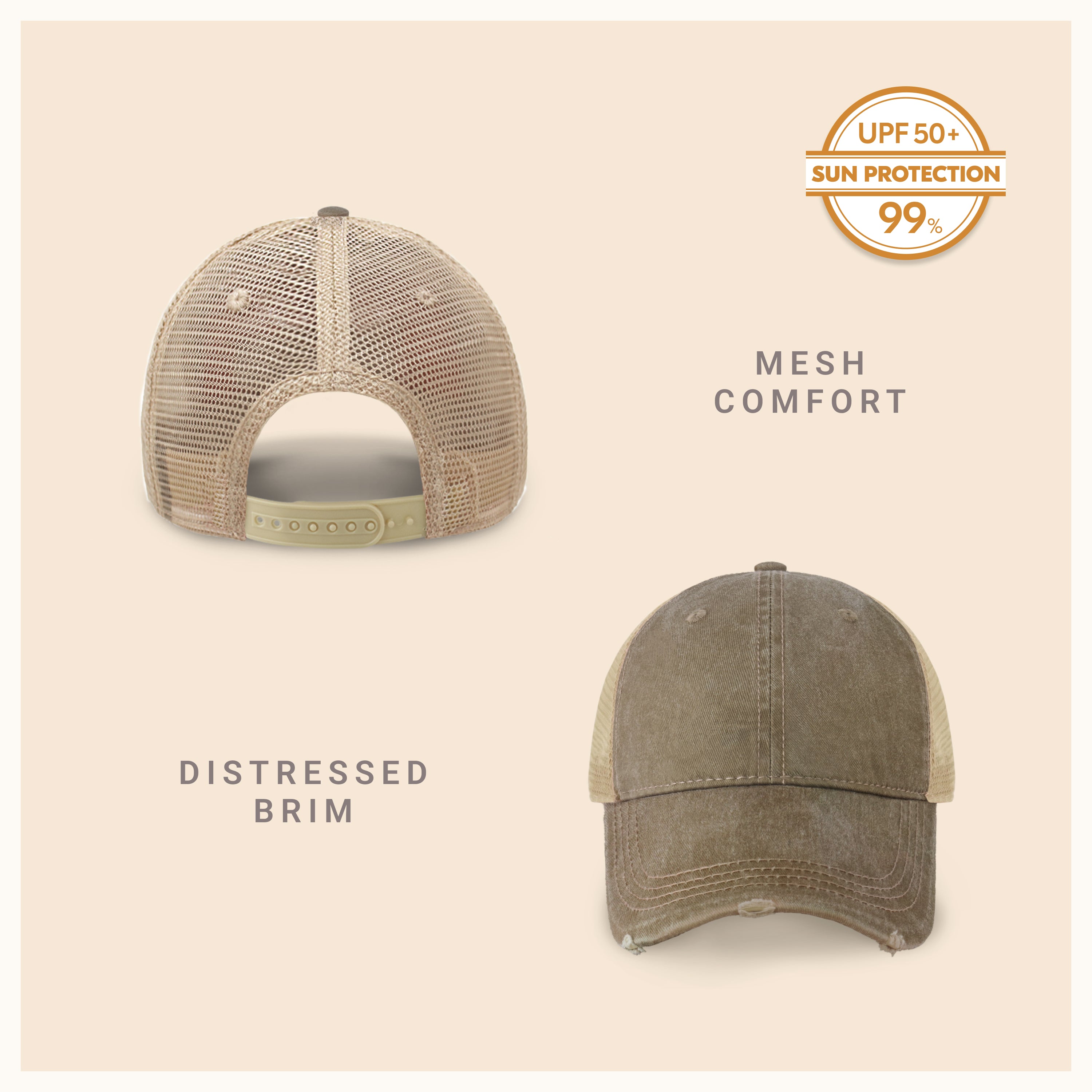 Vintage Mesh Trucker Cap with adjustable fit and distressed bill, perfect for outdoor activities.