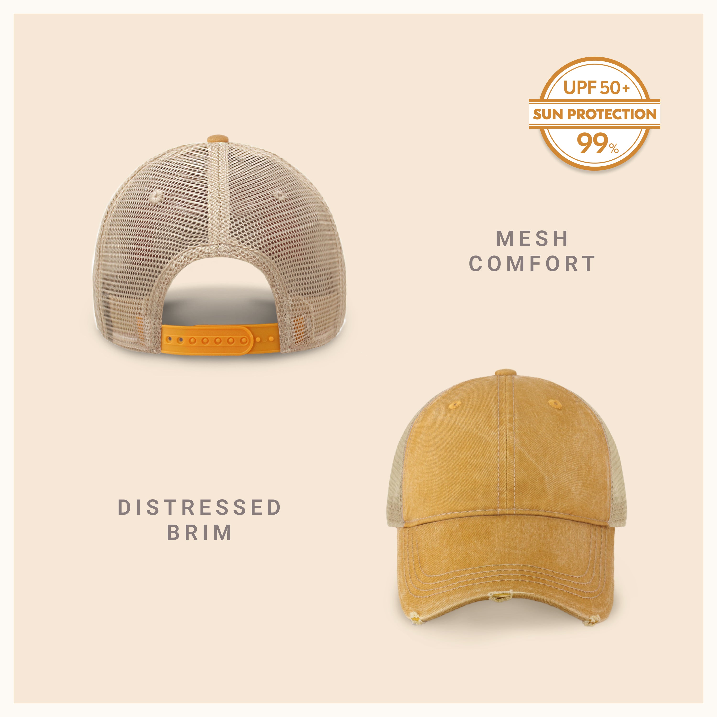 Vintage Mesh Trucker Cap with adjustable fit and distressed bill, perfect for outdoor activities.