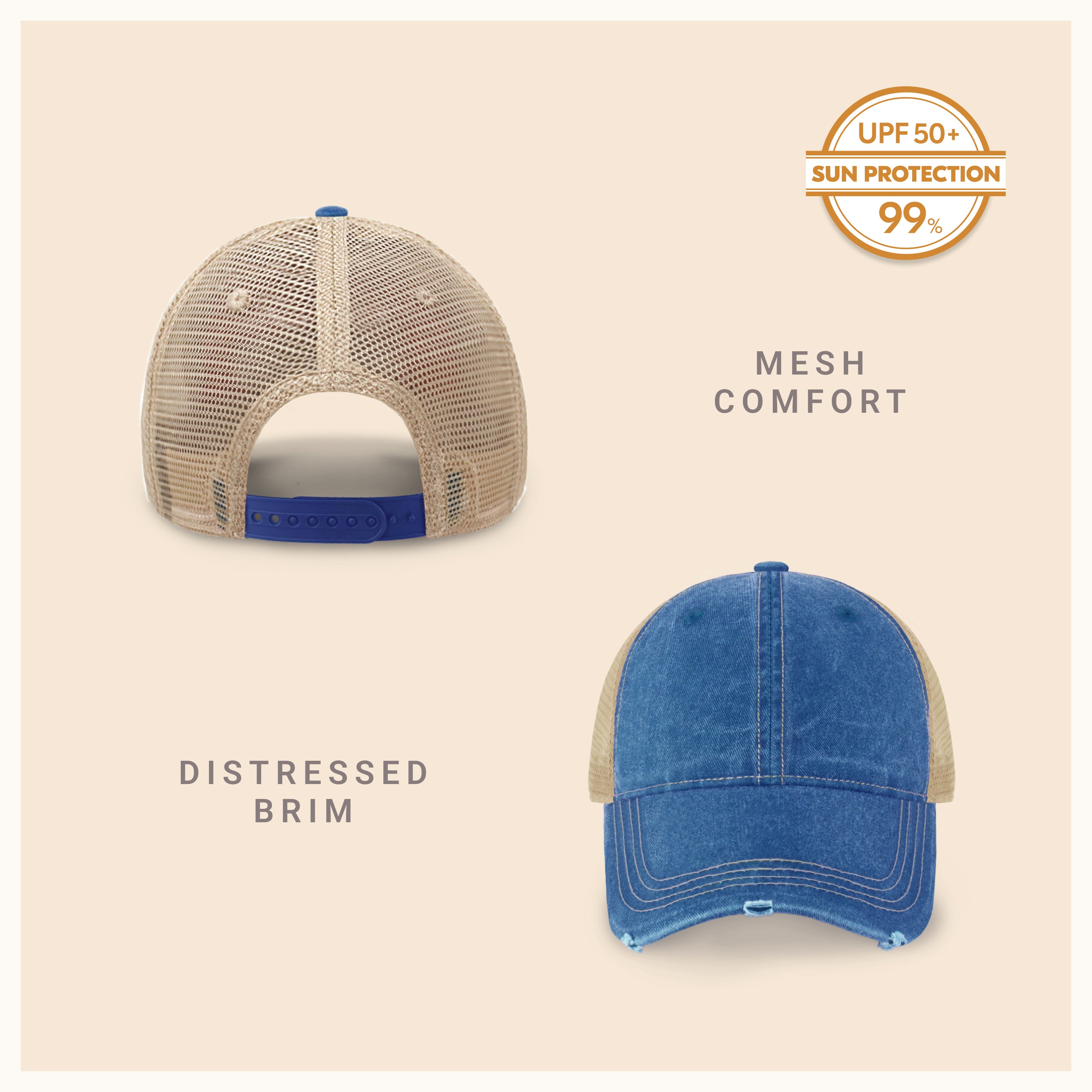 Vintage Mesh Trucker Cap with adjustable fit and distressed bill, perfect for outdoor activities.