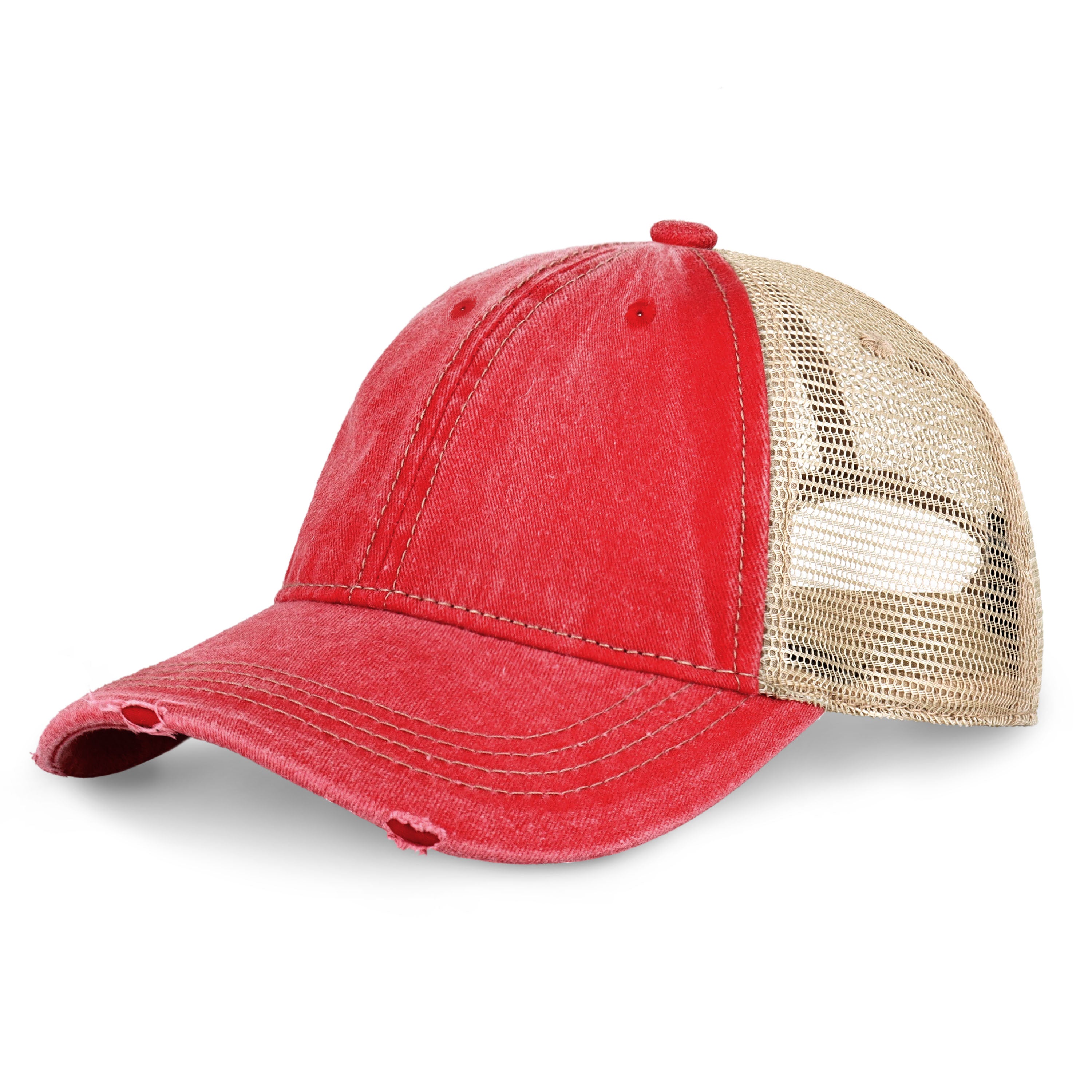 Vintage Mesh Trucker Cap with adjustable fit and distressed bill, perfect for outdoor activities.