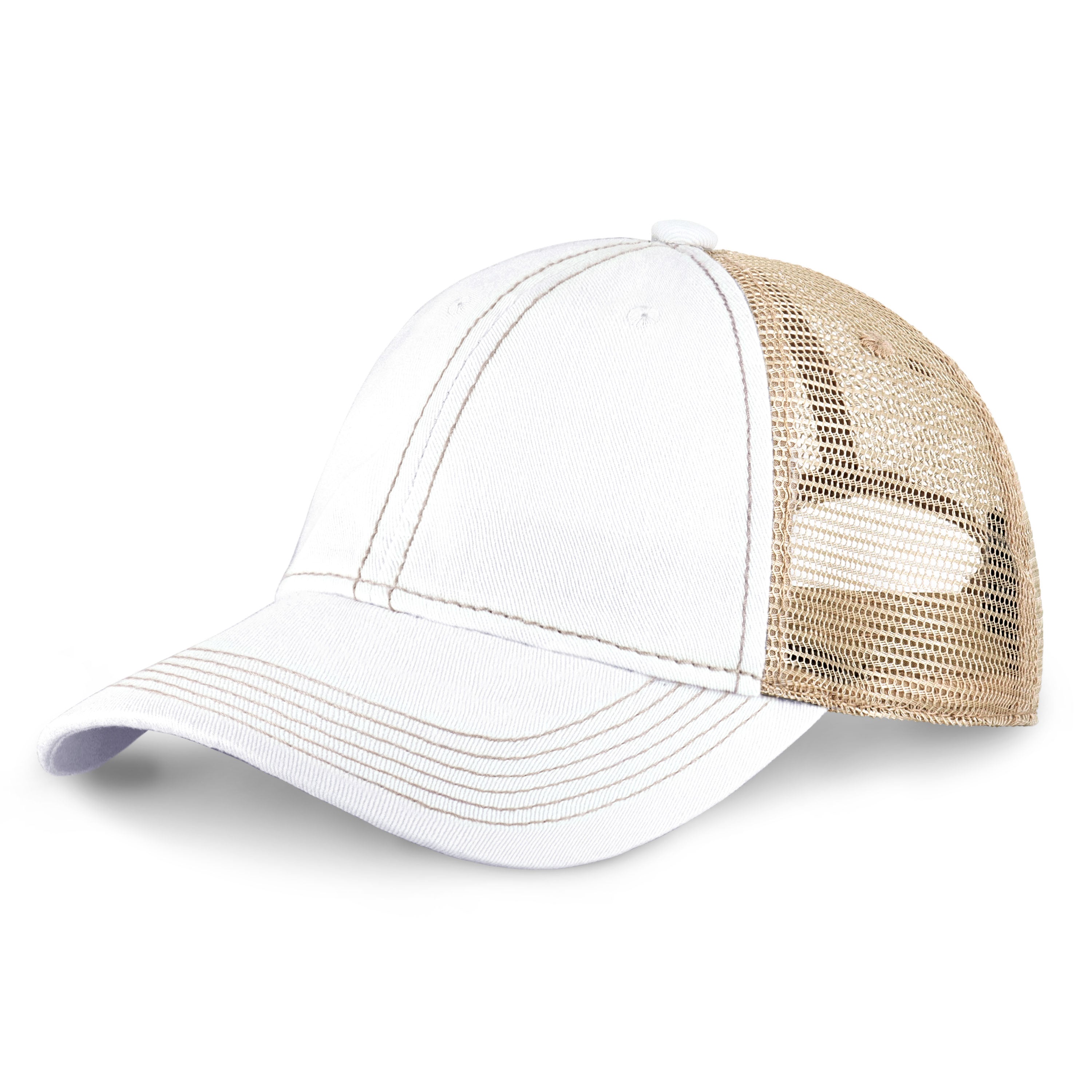 Vintage Mesh Trucker Cap with adjustable fit and distressed bill, perfect for outdoor activities.