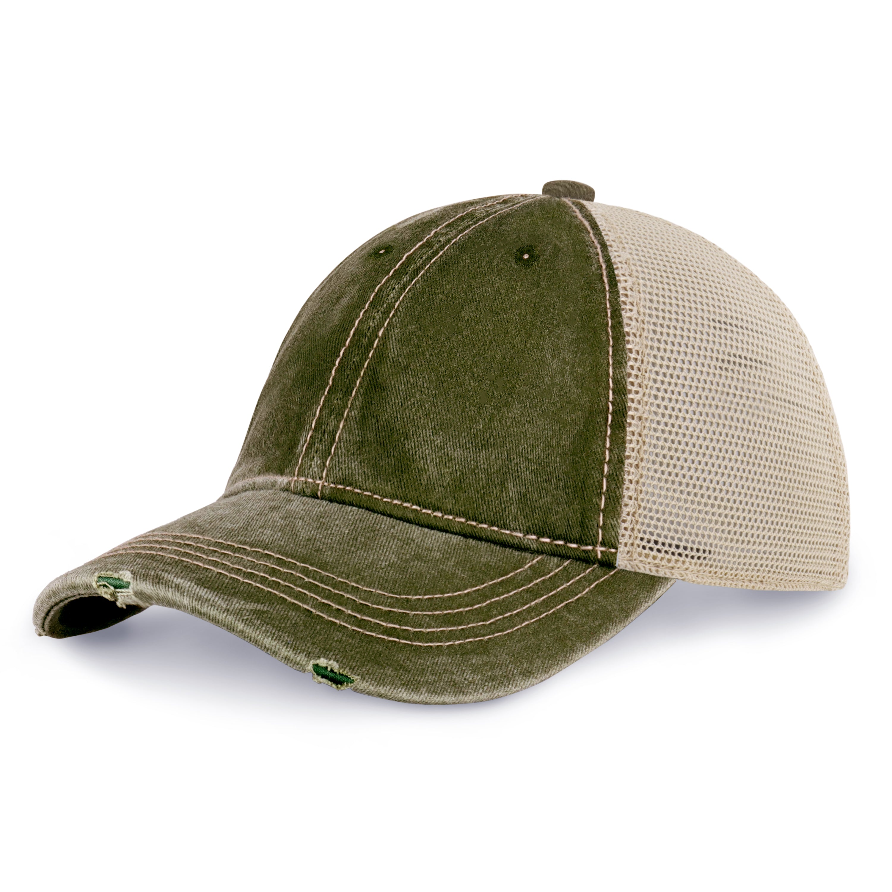 Vintage Mesh Trucker Cap with adjustable fit and distressed bill, perfect for outdoor activities.