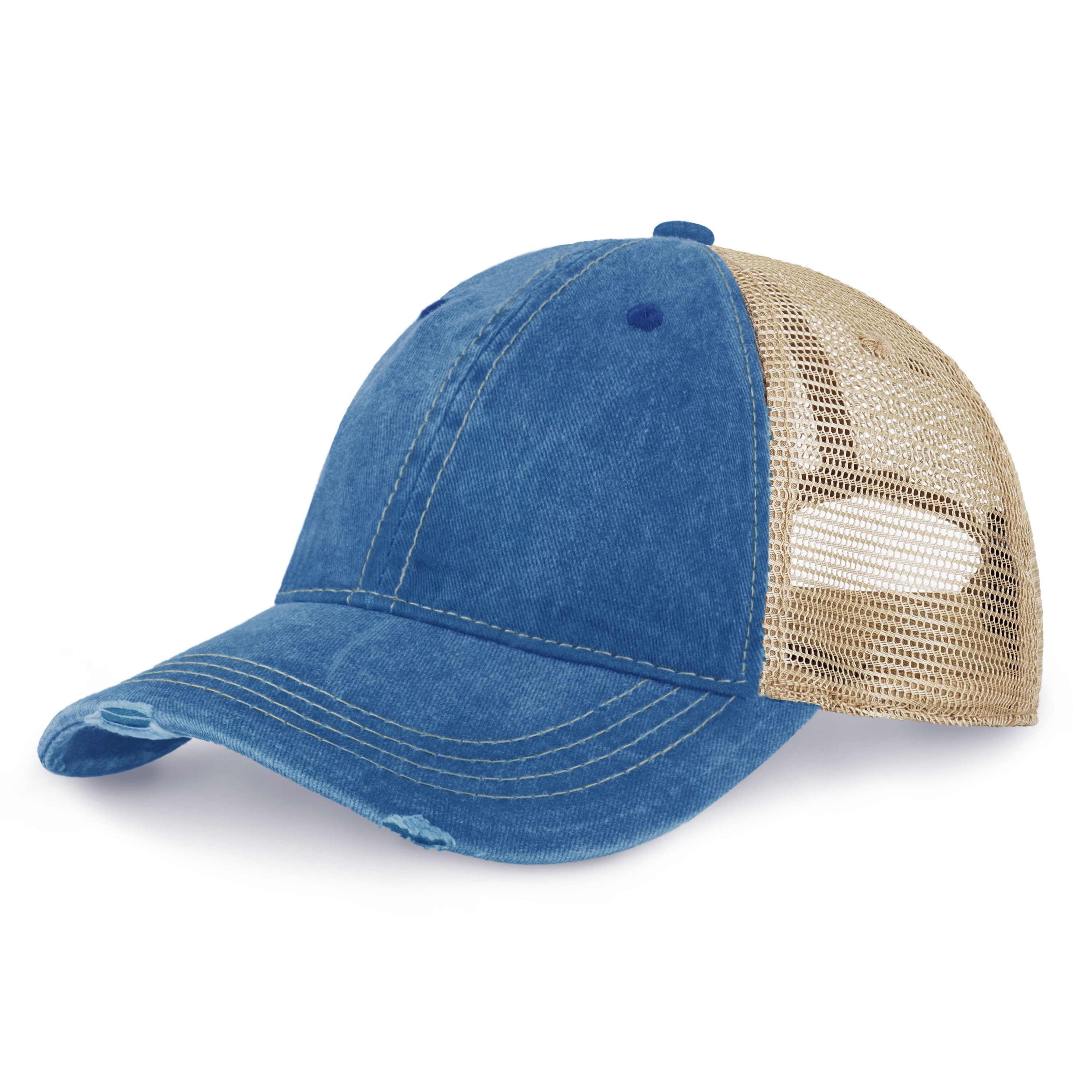 Vintage Mesh Trucker Cap with adjustable fit and distressed bill, perfect for outdoor activities.