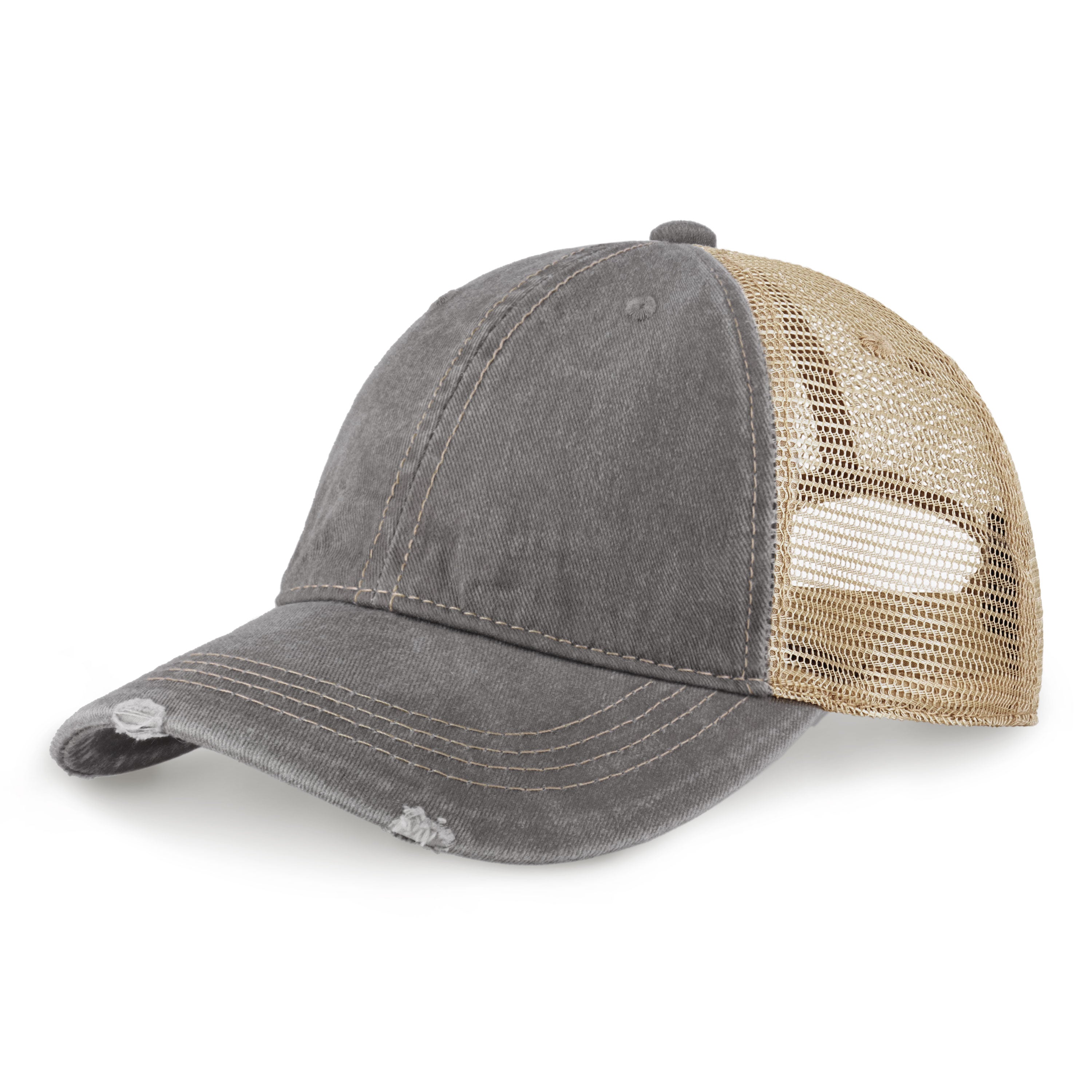 Vintage Mesh Trucker Cap with adjustable fit and distressed bill, perfect for outdoor activities.