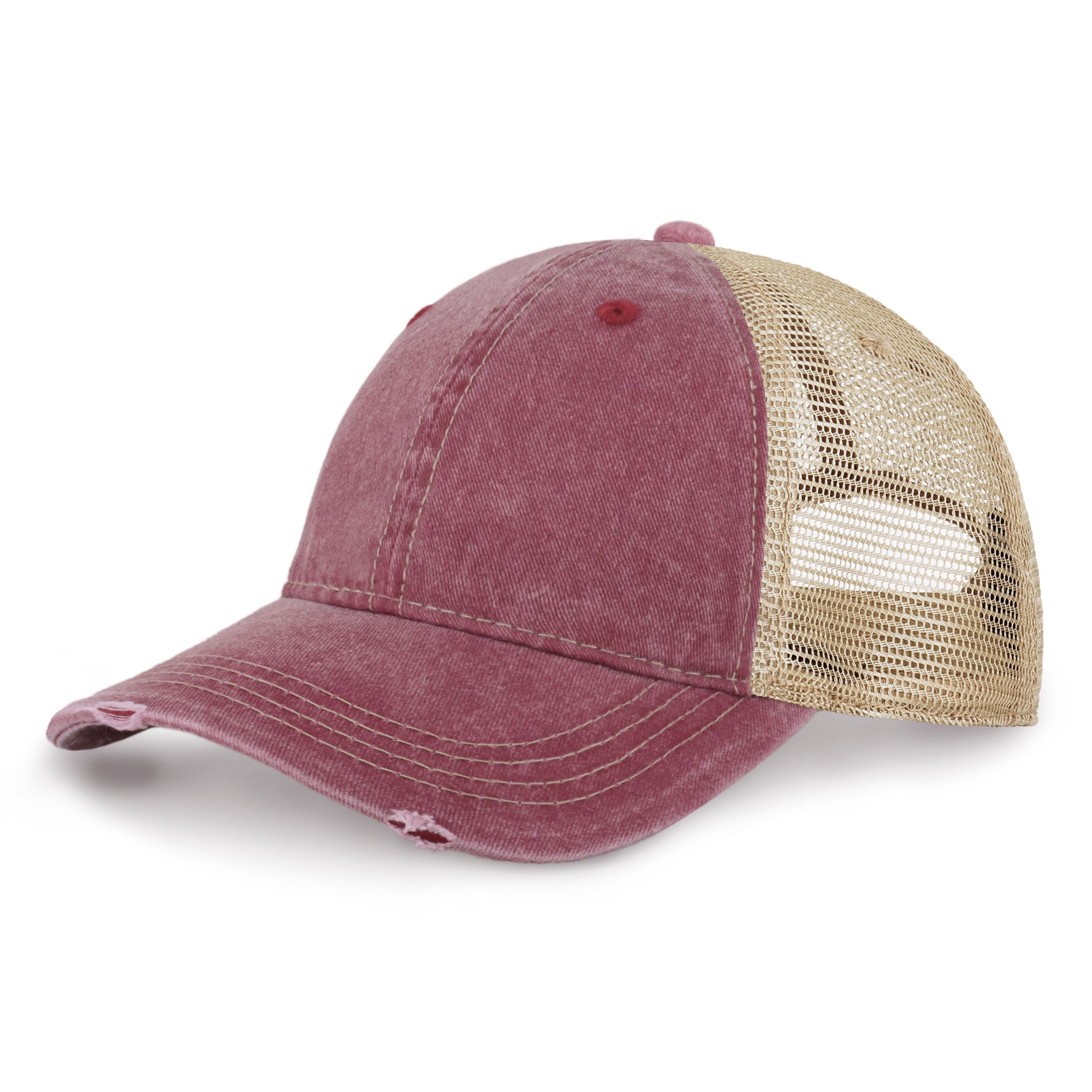 Vintage Mesh Trucker Cap with adjustable fit and distressed bill, perfect for outdoor activities.