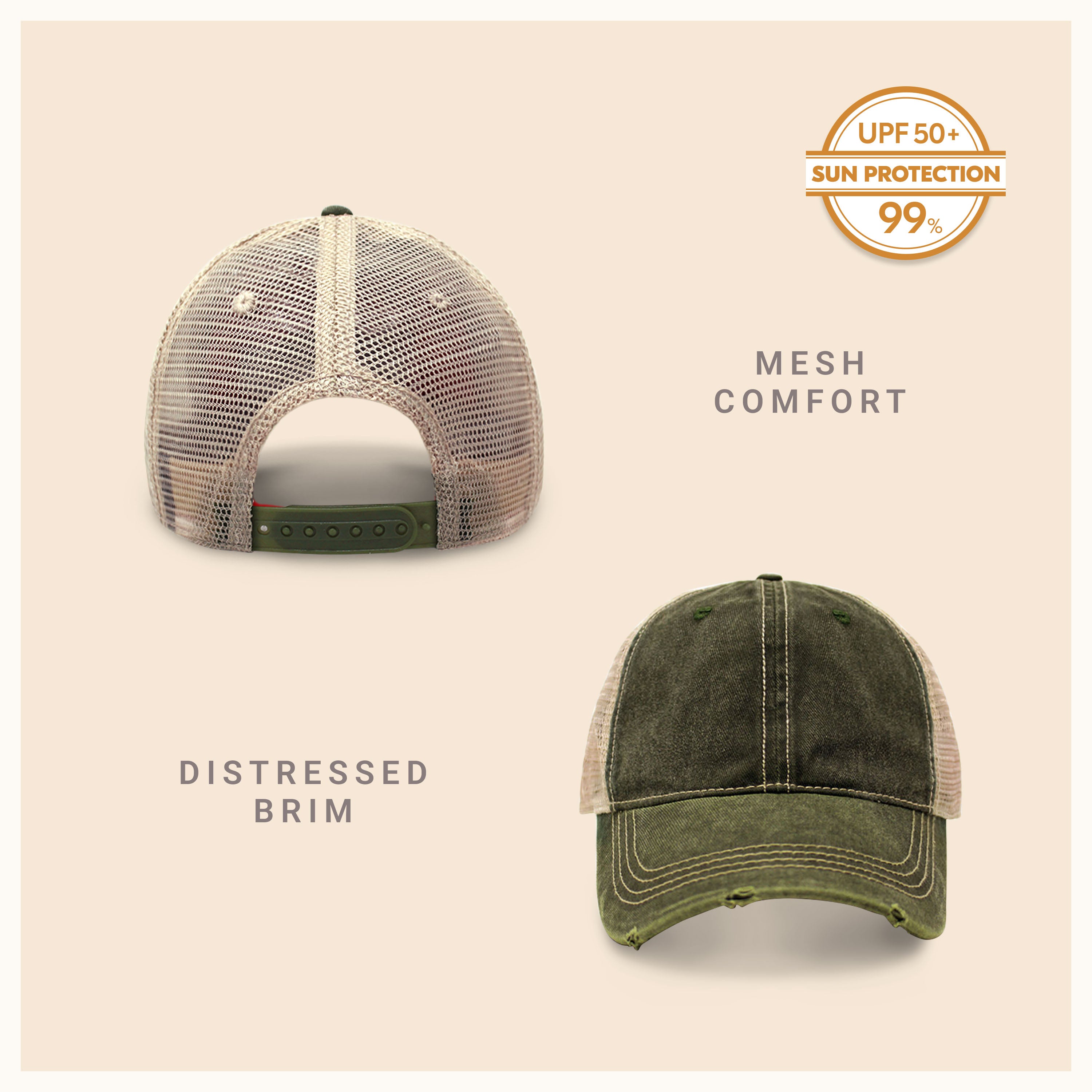 Vintage Mesh Trucker Cap with adjustable fit and distressed bill, perfect for outdoor activities.