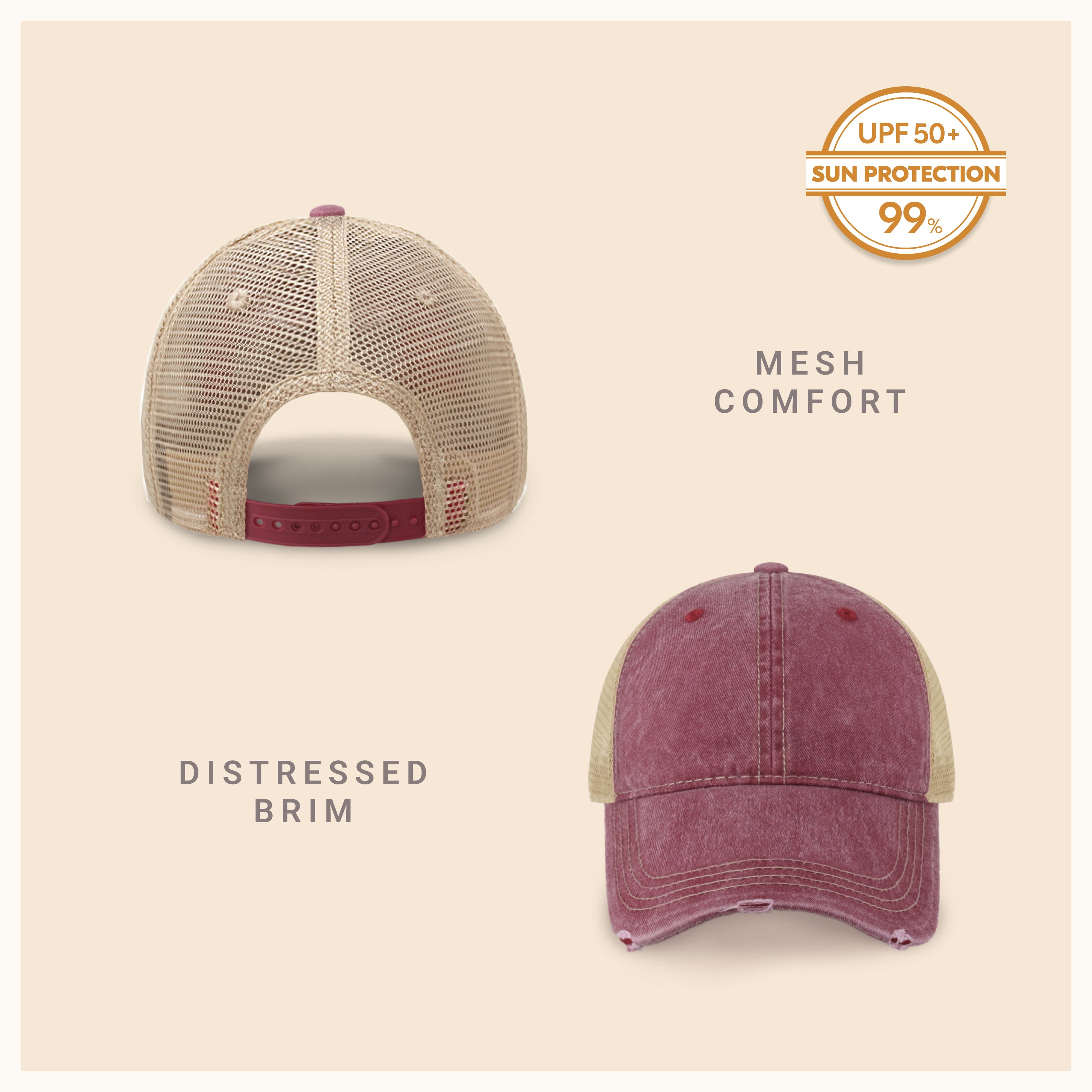 Vintage Mesh Trucker Cap with adjustable fit and distressed bill, perfect for outdoor activities.