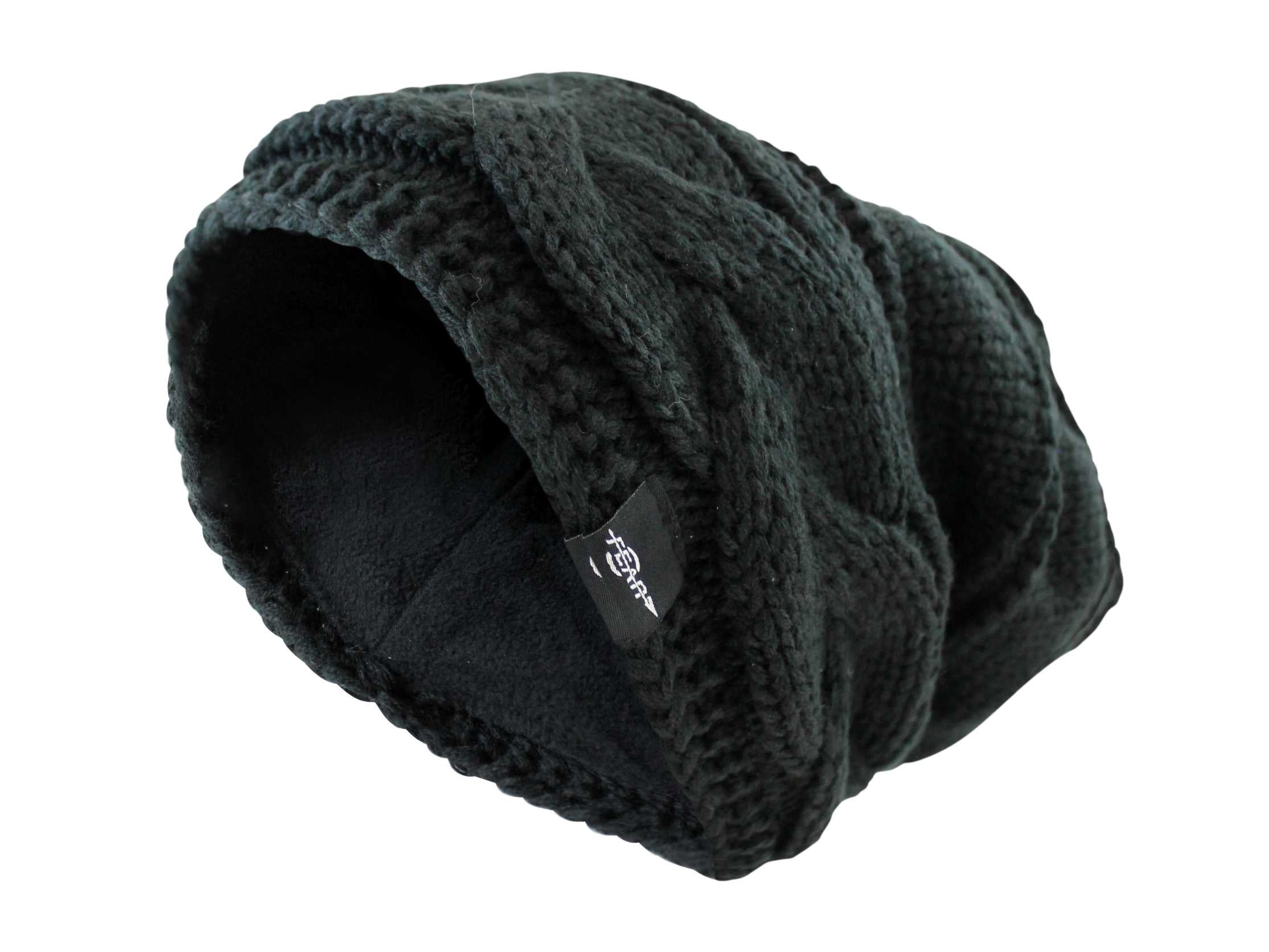 Warmest fleece lined slouch baggy women beanie hat in black, featuring a chunky cable knit design and soft plush lining for ultimate winter comfort.