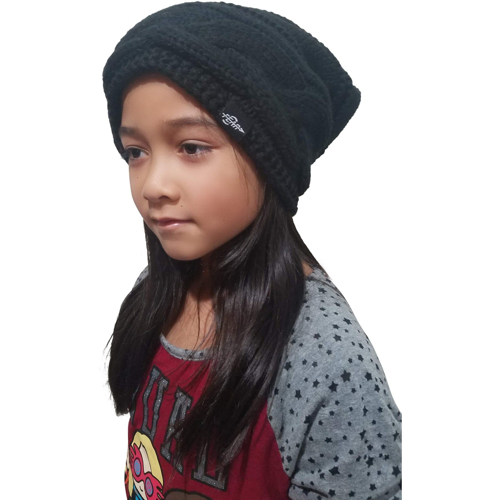 Warmest fleece lined slouch baggy women beanie hat in black, featuring a chunky cable knit design and soft plush lining for ultimate winter comfort.