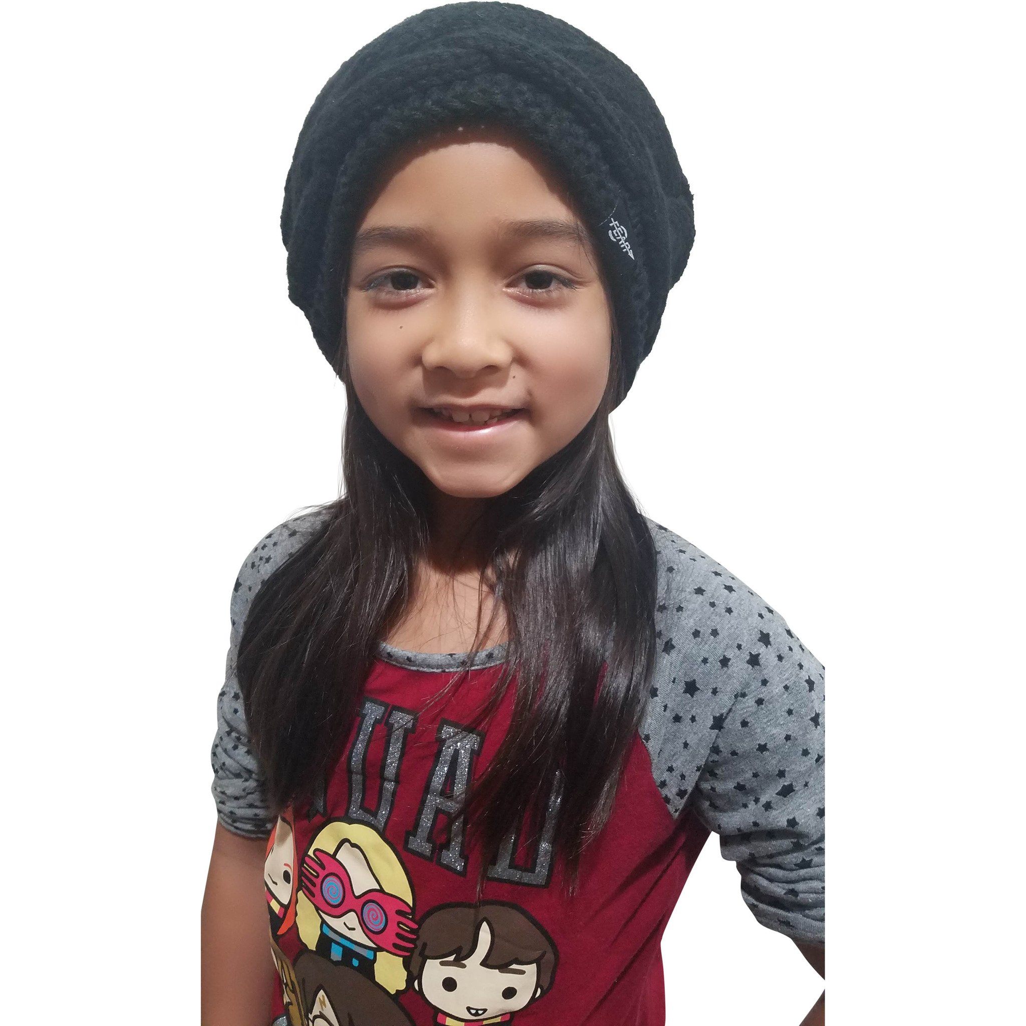 Warmest fleece lined slouch baggy women beanie hat in black, featuring a chunky cable knit design and soft plush lining for ultimate winter comfort.