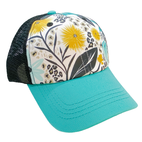 Wild One Trucker Hat featuring teal and black floral print with jaguar animal print accents and a teal visor.