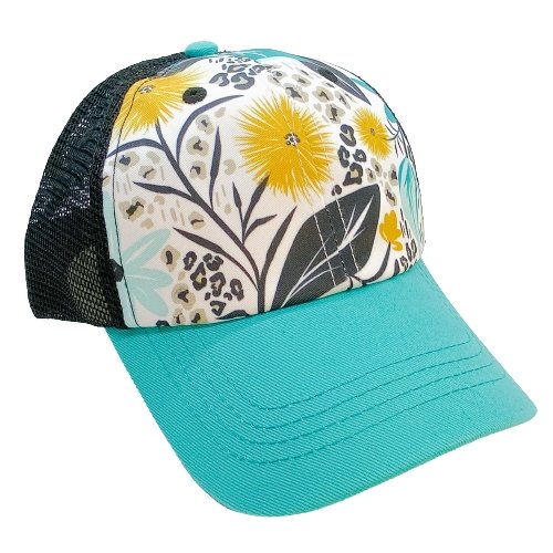 Wild One Trucker Hat featuring teal and black floral print with jaguar animal print accents and a teal visor.