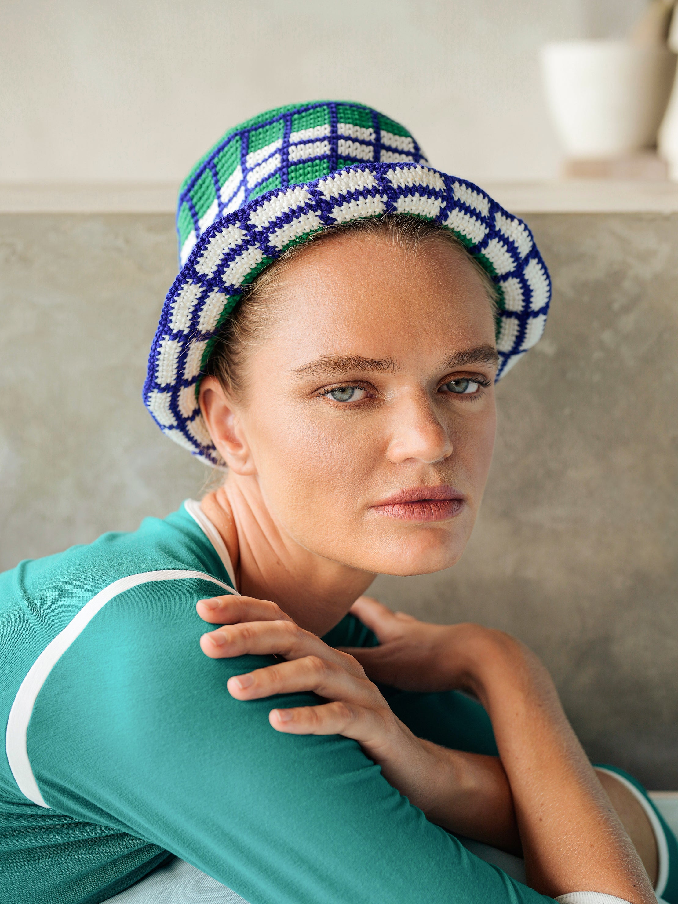 WIMBLEDON Plaid Crochet Hat in vibrant colors, hand-crocheted from 100% cotton, showcasing a stylish plaid design.