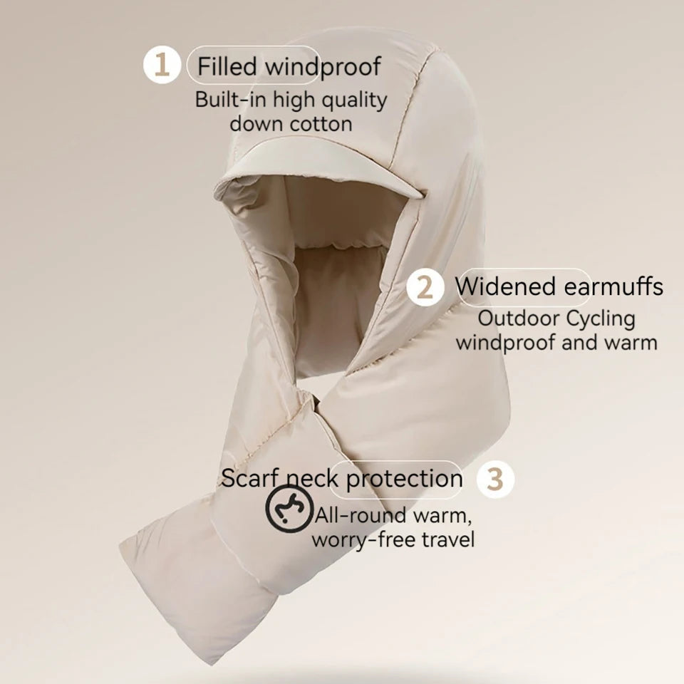 A stylish Winter Fleece Cap with an integrated scarf, designed for outdoor sports, showcasing its windproof and thermal features.