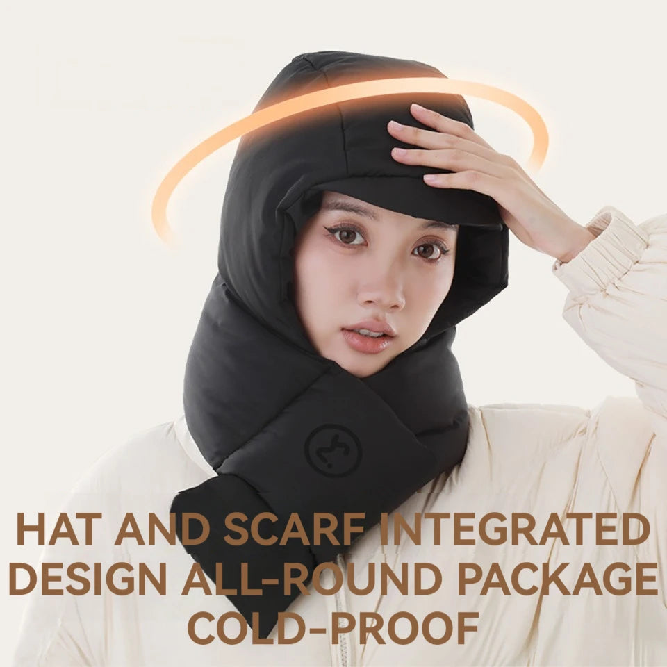 A stylish Winter Fleece Cap with an integrated scarf, designed for outdoor sports, showcasing its windproof and thermal features.