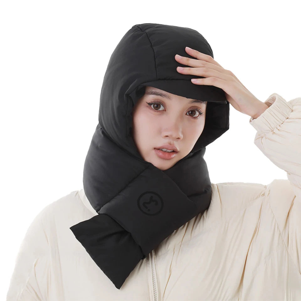 A stylish Winter Fleece Cap with an integrated scarf, designed for outdoor sports, showcasing its windproof and thermal features.